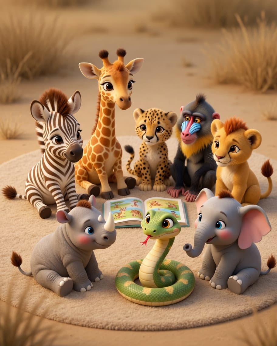 Zulu and the whole cast gathered around an open storybook